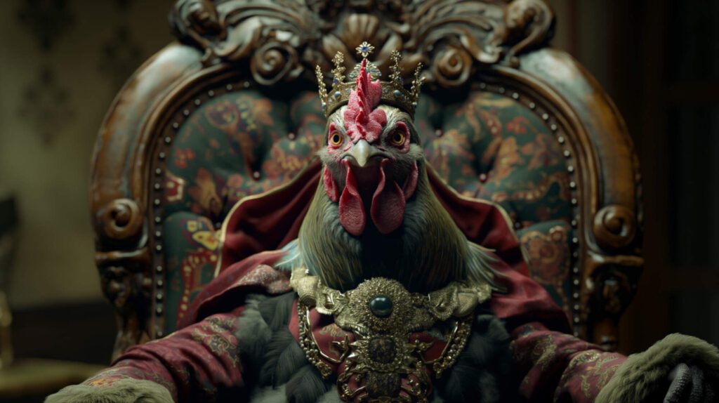 An image of a chicken wearing royal clothes and sitting on a throne. He's wearing a crown and jewels.